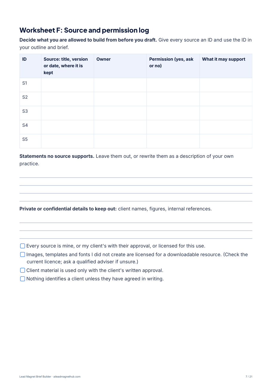 Worksheet F: source and permission log