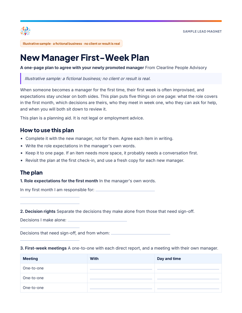 First page of the sample New Manager First-Week Plan