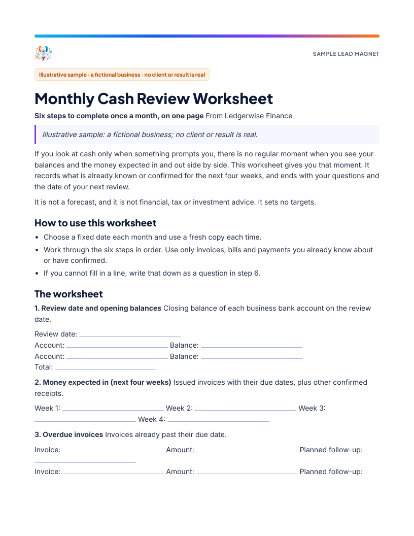 First page of the sample Monthly Cash Review Worksheet