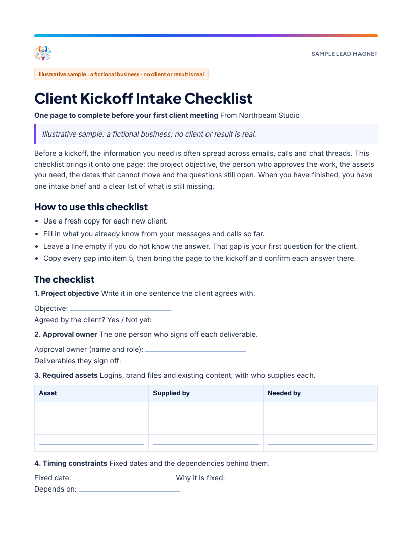 First page of the sample Client Kickoff Intake Checklist