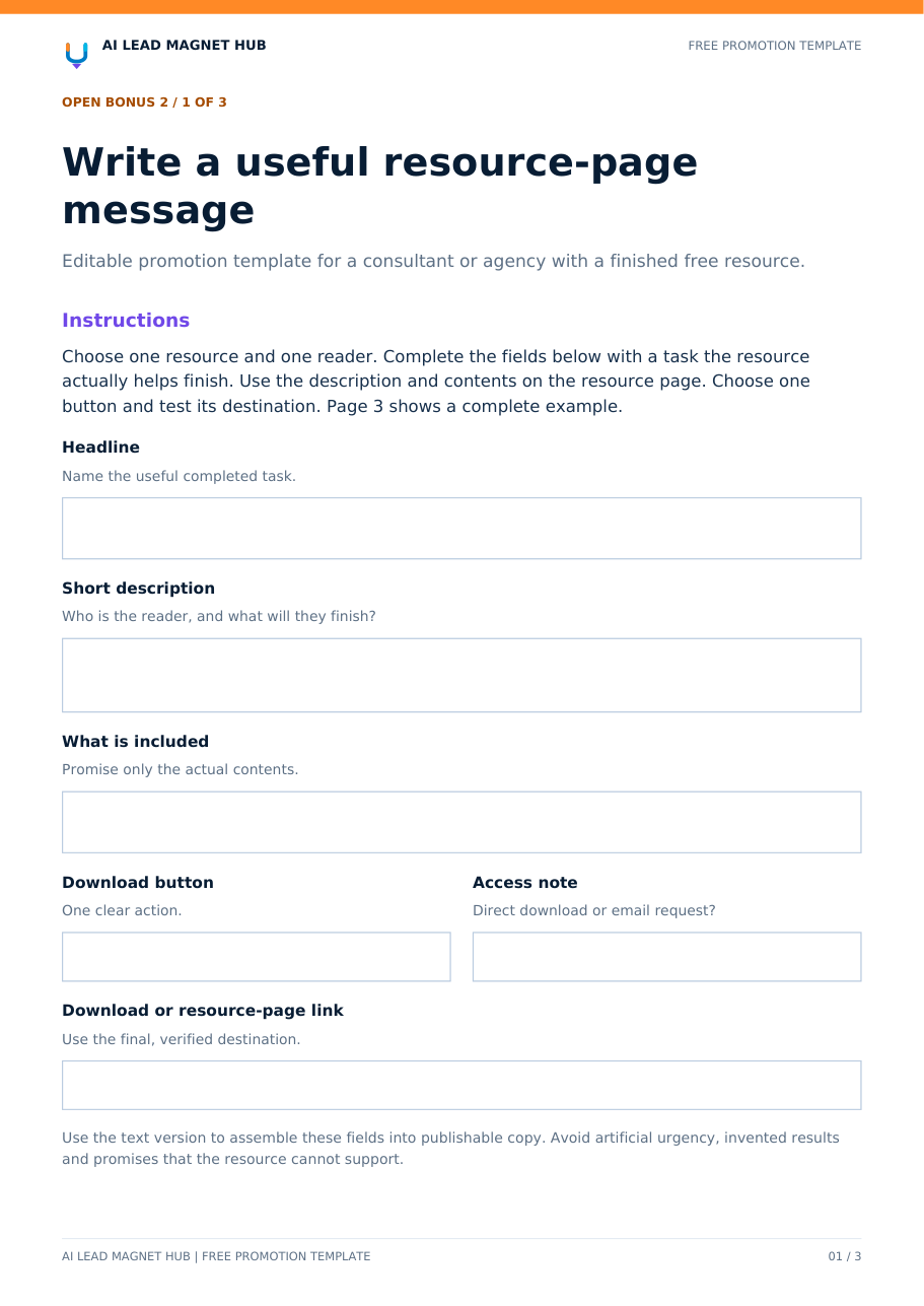 Page 1 of the Promotion Copy Template: write a useful resource-page message