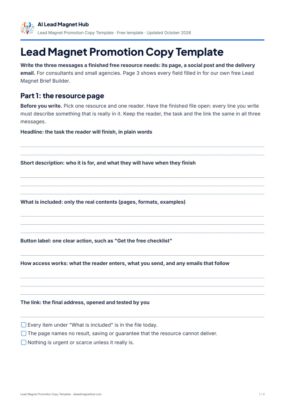 First page of the Promotion Copy Template