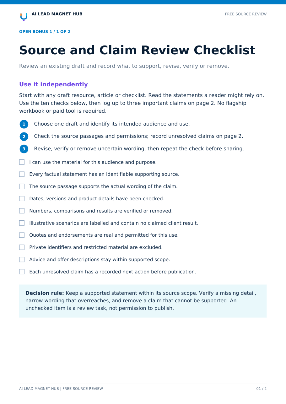 First page of the Source and Claim Review Checklist