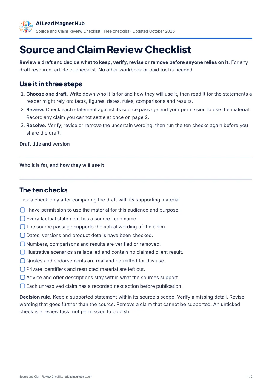 First page of the Source and Claim Review Checklist