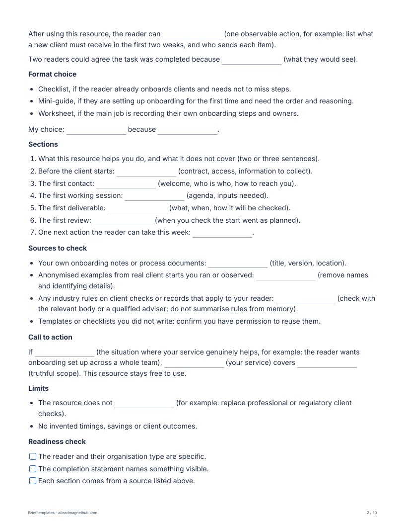 A page of the client onboarding brief template, with fill-in fields for the reader's task, format choice, sections and sources