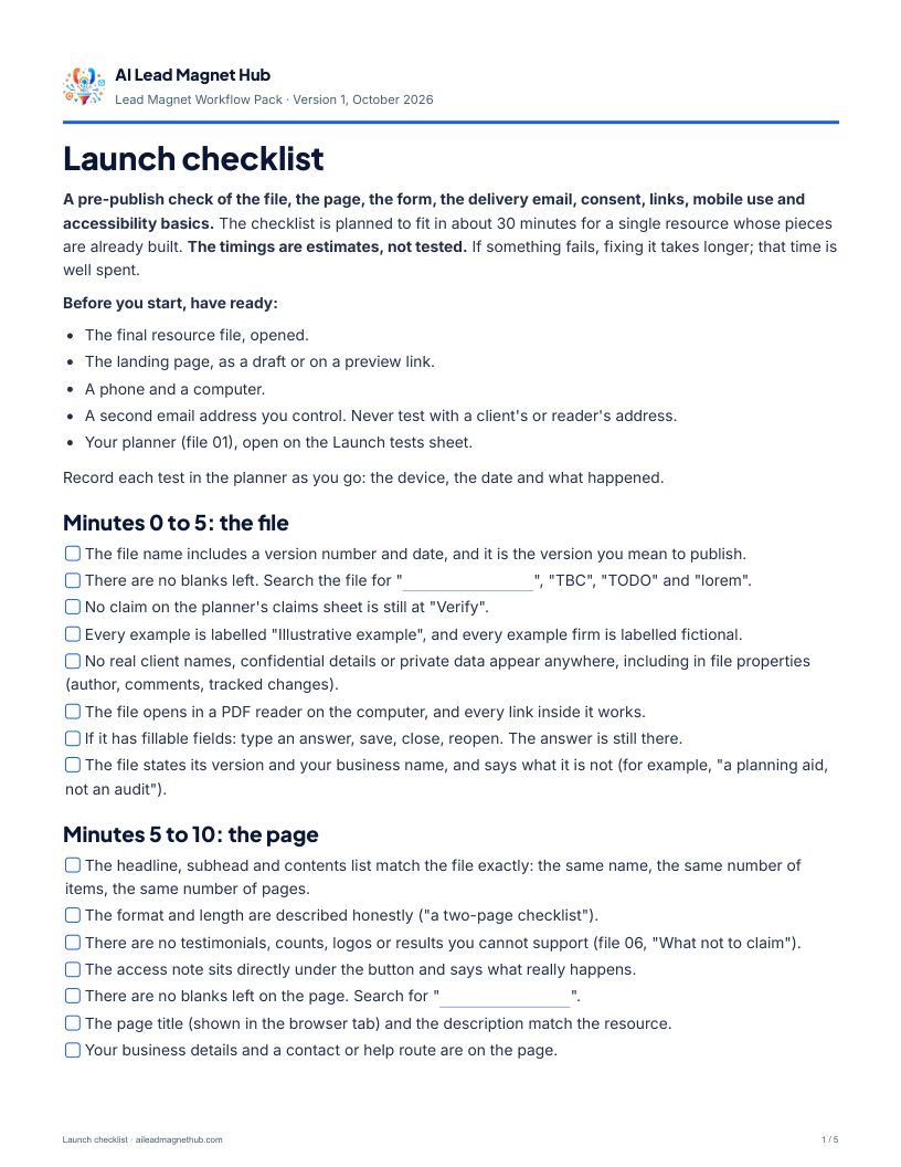 First page of the 30-minute launch checklist